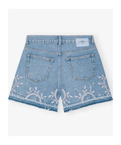 Ganni Embroidered Frayed Hem Shorts With Pockets And Loops In Light Blue