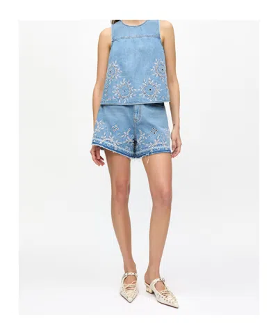 Ganni Embroidered Frayed Hem Shorts With Pockets And Loops In Light Blue