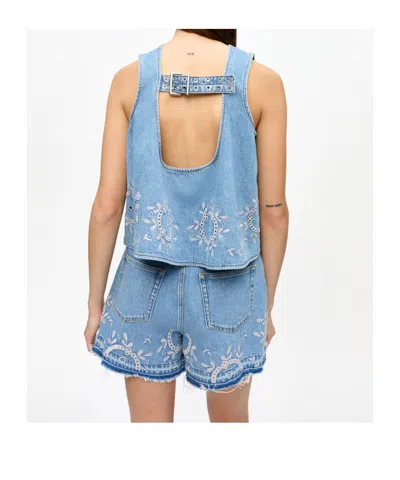 Ganni Embroidered Frayed Hem Shorts With Pockets And Loops In Light Blue
