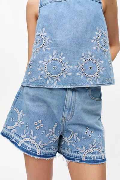Ganni Embroidered Frayed Hem Shorts With Pockets And Loops In Light Blue