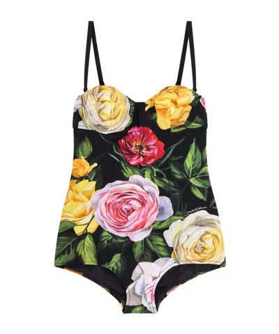 Dolce & Gabbana Multicolor One-piece Swimsuit With Buckle With Logo On The Rear And All-over Floral Print In Black