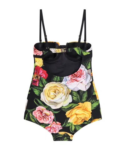 Dolce & Gabbana Multicolor One-piece Swimsuit With Buckle With Logo On The Rear And All-over Floral Print In Black
