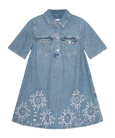 Ganni Denim Dress With Embroidered Hem And Pockets In Blue