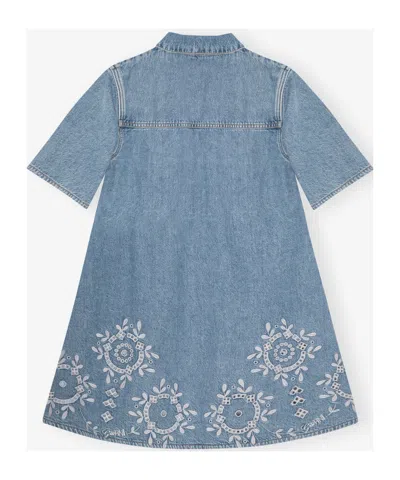 Ganni Denim Dress With Embroidered Hem And Pockets In Blue
