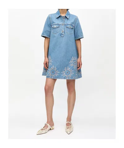 Ganni Denim Dress With Embroidered Hem And Pockets In Blue