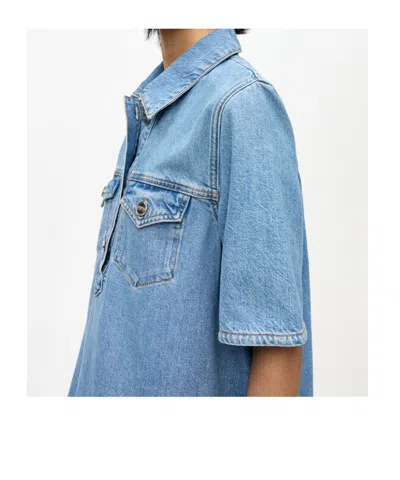 Ganni Denim Dress With Embroidered Hem And Pockets In Blue