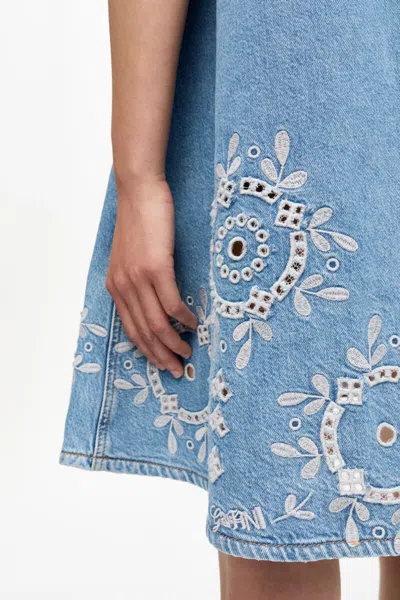 Ganni Denim Dress With Embroidered Hem And Pockets In Blue