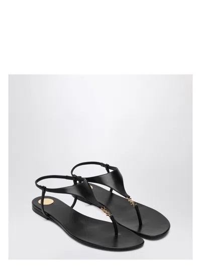Saint Laurent Smooth Leather Cassandra Triangular Upper Flat Sandals Shoes In Black