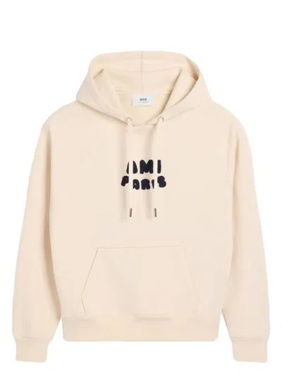 Ami Alexandre Mattiussi Cropped Hoodie With Textured Lettering In Soft Beige In Whitecream