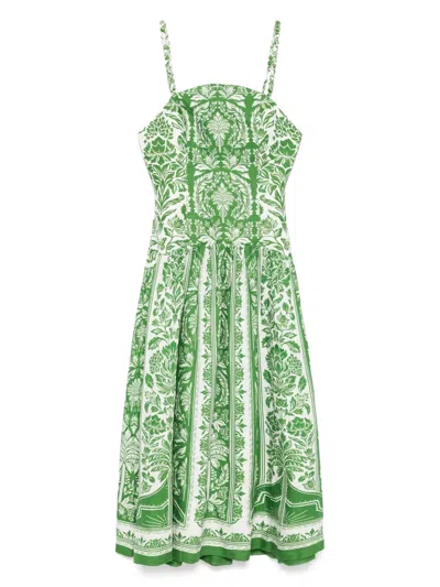 Farm Rio Green Delicate Tapestry Euroflax Premium Linen Midi Dress In Delicate Tapestry Green