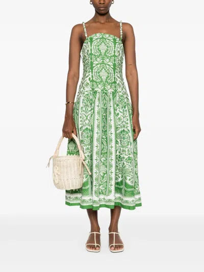 Farm Rio Green Delicate Tapestry Euroflax Premium Linen Midi Dress In Delicate Tapestry Green