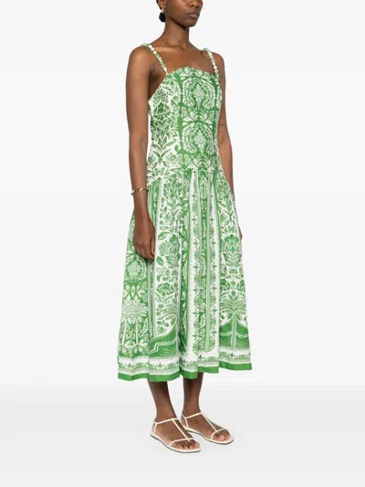 Farm Rio Green Delicate Tapestry Euroflax Premium Linen Midi Dress In Delicate Tapestry Green