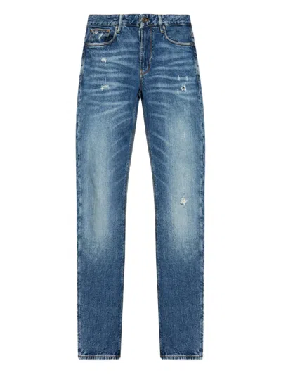 Emporio Armani Distressed Cotton Denim Jeans With Belt Loops In Blue