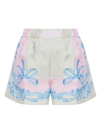 Versace Pink Shorts With Patch Logo On The Front And All-over Graphic Print In Grey