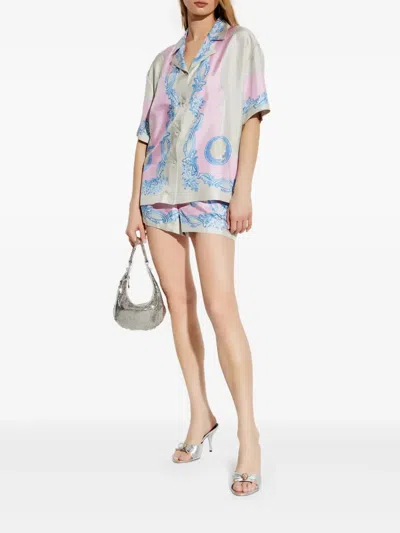 Versace Pink Shorts With Patch Logo On The Front And All-over Graphic Print In Grey