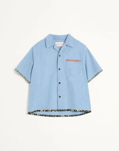 Valentino Garavani Denim Bowling Shirt With Floral Trim In Denim