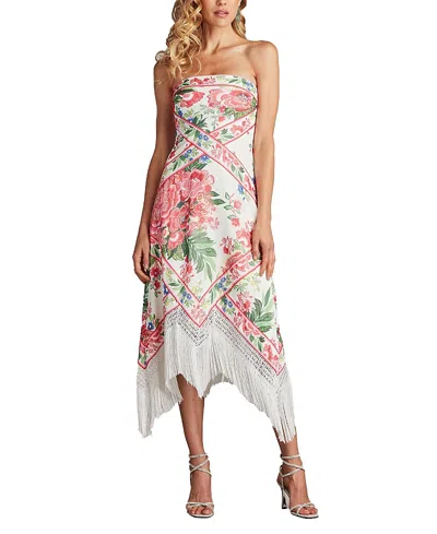 Tadashi Shoji Scarf Print Fringe Detail Strapless Cocktail Midi Dress In Multi
