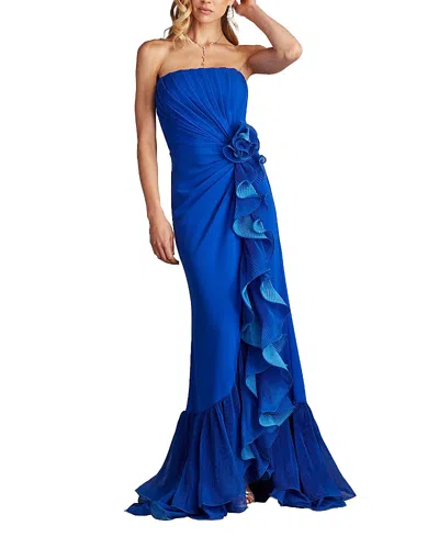 Tadashi Shoji Pleated Strapless Gown With Cascading Ruffles In Blue