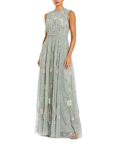 Mac Duggal Floral Mesh Sleeveless A Line Micro Ruffle Gown In Sage Multi