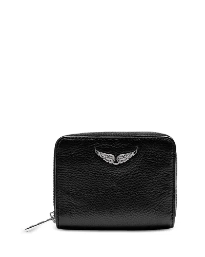 Zadig & Voltaire Mini Grained Leather Zip Wallet In Noir