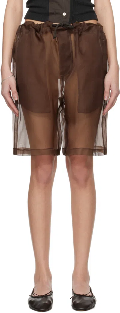 Meta Campania Collective Brown Neil Exaggerated See-through Silk Drawstring Shorts In Dark Chocolate