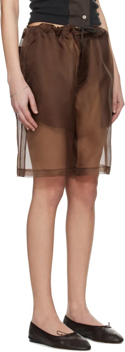 Meta Campania Collective Brown Neil Exaggerated See-through Silk Drawstring Shorts In Dark Chocolate