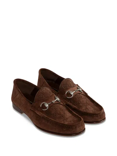 Gucci Men Suede Loafers With All-over Gg Motif In Brown