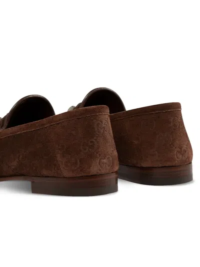 Gucci Men Suede Loafers With All-over Gg Motif In Brown