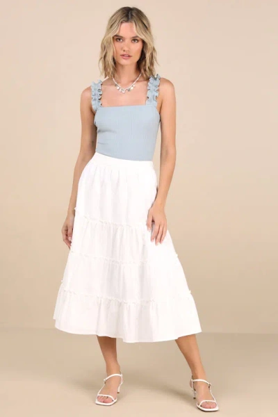 Lulus Musing About You Light Blue Ribbed Ruffle Strap Bodysuit In Light Blue