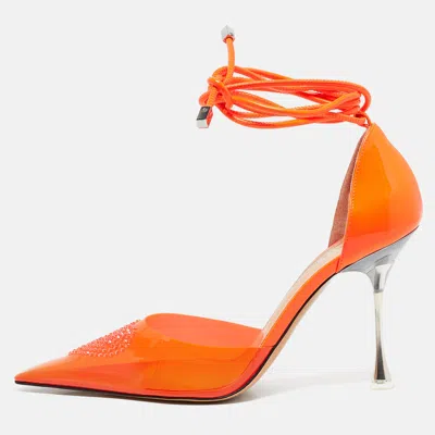 Pre-owned Mach&mach Neon Orange Leather And Pvc Crystal Embellished Heart Ankle Tie Pumps Size 38