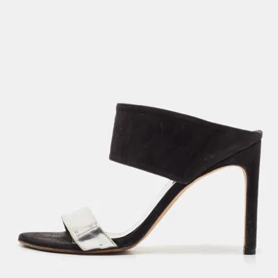 Pre-owned Stuart Weitzman Black/silver Suede And Leather Slide Sandals Size 37.5