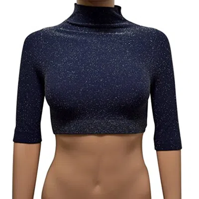Phat Buddha Women Mock Neck Glitter Crop Top In Navy In Blue