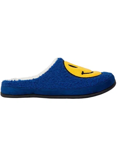 Deer Stags Smiley Face Slide Slippers Men's Blue Faux Fur Memory Foam Mkzz88 In Blue