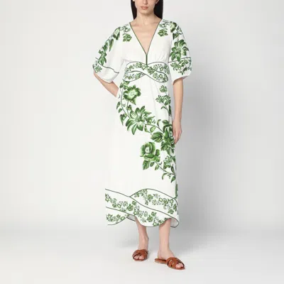 Farm Rio Off-white Green Floral Cascade Lenzing Ecovero Euroflax Midi Dress In Green Floral Cascade Off-white