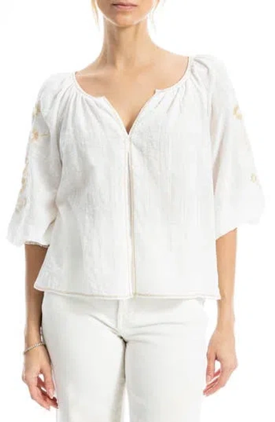Max Studio Embroidered Peasant Top In White/khakie Poppies Crest Emb