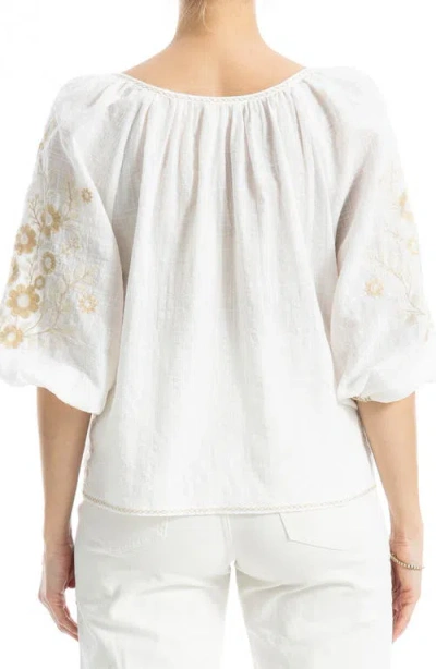 Max Studio Embroidered Peasant Top In White/khakie Poppies Crest Emb