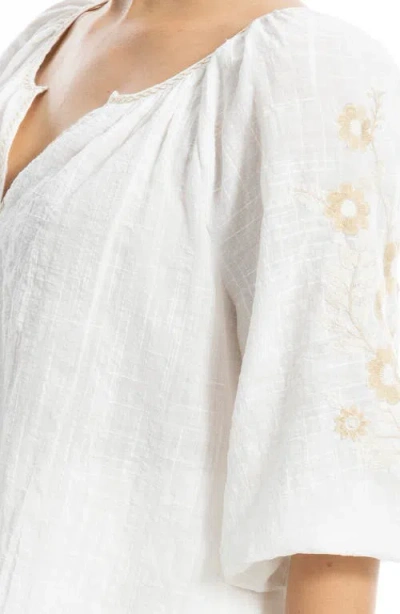 Max Studio Embroidered Peasant Top In White/khakie Poppies Crest Emb