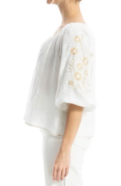 Max Studio Embroidered Peasant Top In White/khakie Poppies Crest Emb
