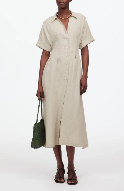 Madewell Pleated Button Front Linen Midi Shirtdress In Oat Color Linen