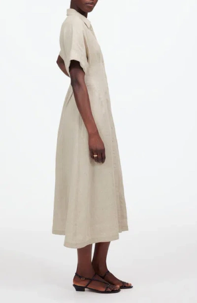 Madewell Pleated Button Front Linen Midi Shirtdress In Oat Color Linen