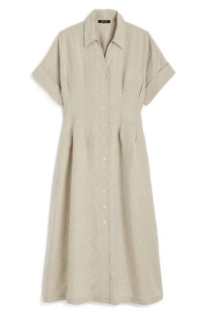 Madewell Pleated Button Front Linen Midi Shirtdress In Oat Color Linen