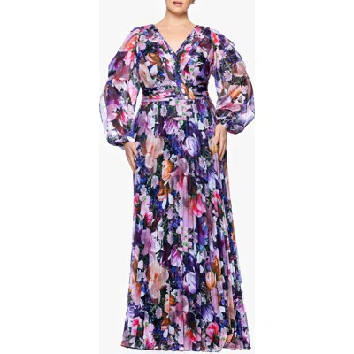 Betsy & Adam Metallic Floral Pleated Long Sleeve Gown In Purple Multi