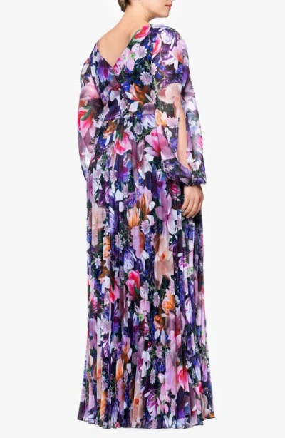 Betsy & Adam Metallic Floral Pleated Long Sleeve Gown In Purple Multi