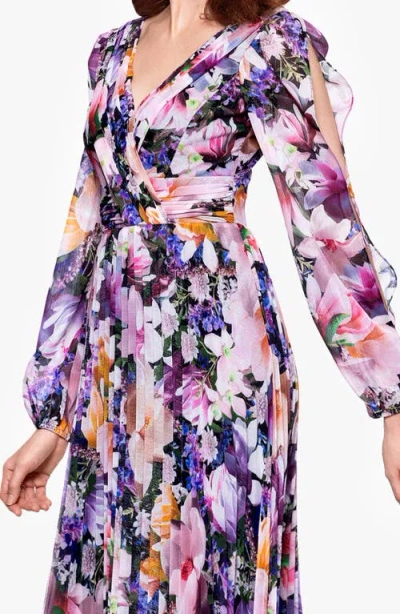 Betsy & Adam Metallic Floral Pleated Long Sleeve Gown In Purple Multi