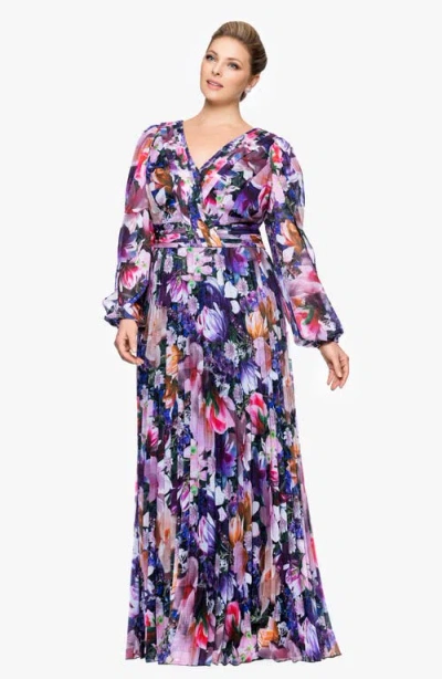 Betsy & Adam Metallic Floral Pleated Long Sleeve Gown In Purple Multi