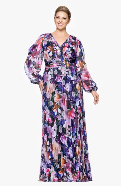 Betsy & Adam Metallic Floral Pleated Long Sleeve Gown In Purple Multi