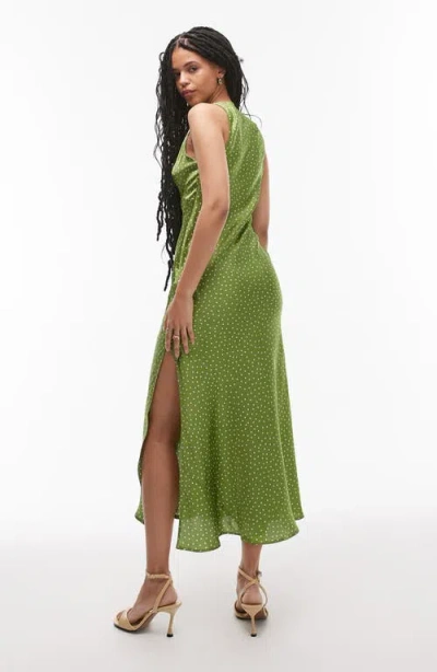 Topshop Polka Dot Twist Front Satin Midi Dress In Mid Green