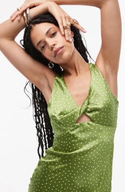 Topshop Polka Dot Twist Front Satin Midi Dress In Mid Green