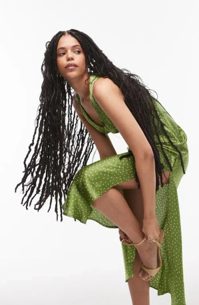 Topshop Polka Dot Twist Front Satin Midi Dress In Mid Green