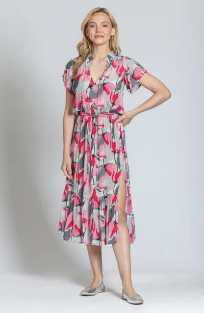 Apny Print Short Sleeve Midi Dress In Pink Multi
